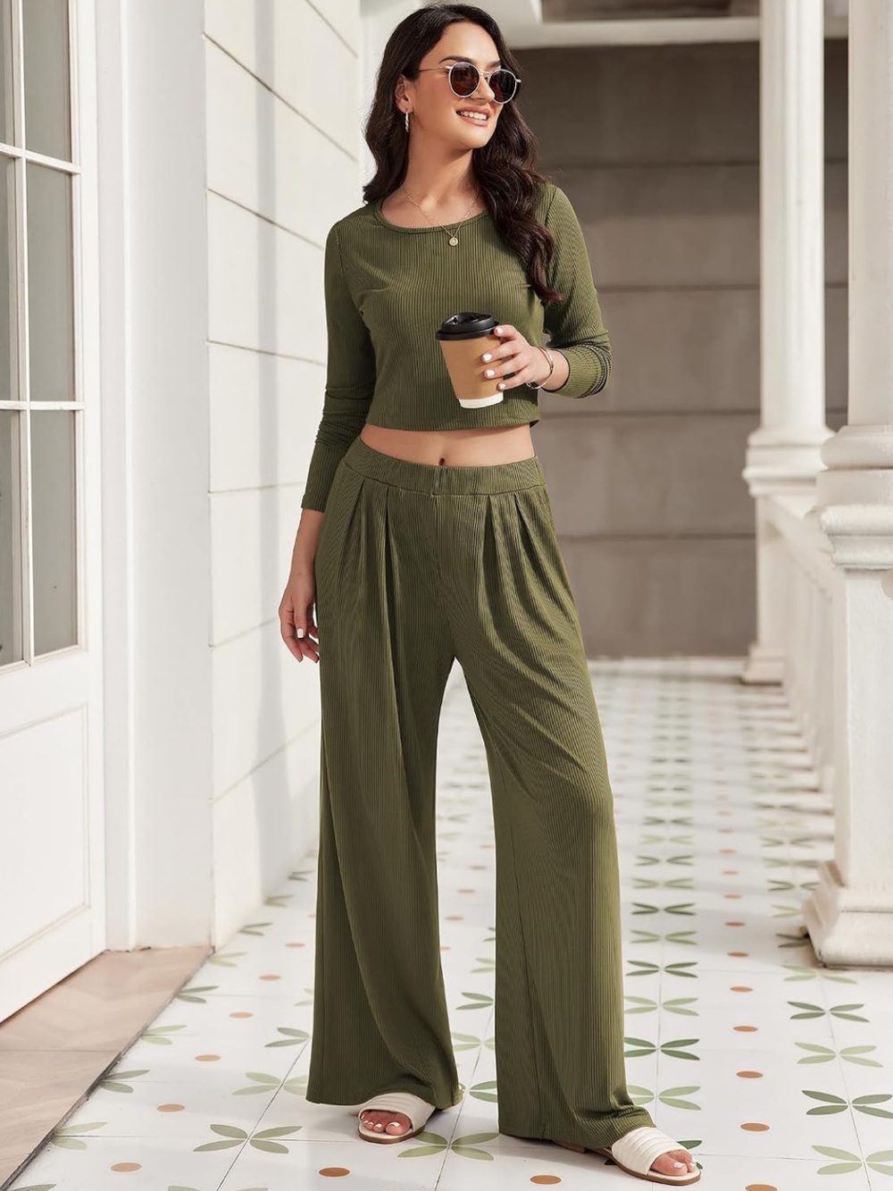 Ekouaer Lounge Set for Women: 2 Piece Ribbed Knit Outfit in Army Green, Size Med - Picture 15 of 15